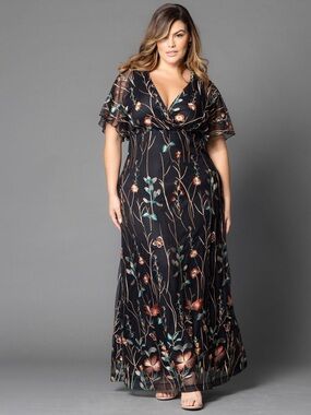 Kiyonna Embroidered Elegance Evening Gown in Onyx Meadow Print 3X